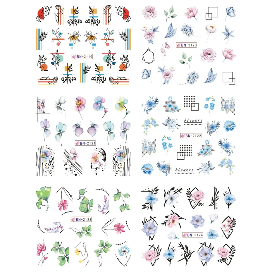 Nail Stickers 12pcs Geometry Flower Leaf Line Graffiti Painted Colorful Water Decal Link Blooming Slider for Nail Decoration