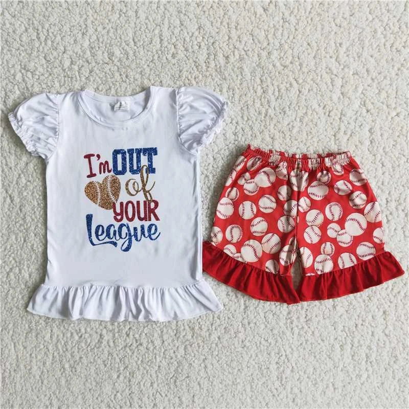 Baby Girl Toddler Clothing White Short Sleeve Letter Top Ruffle Baseball Pattern Shorts Outfit Wholesale Kids Summer Clothes Set angel baby suit