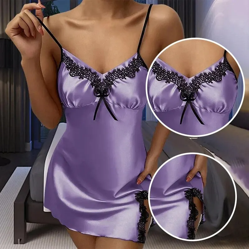 Summer Women Pajamas Deep V Sexy Sleeveless Lace Side Slightly Open Sling Straps Solid Color Dress Pajamas women pajamas