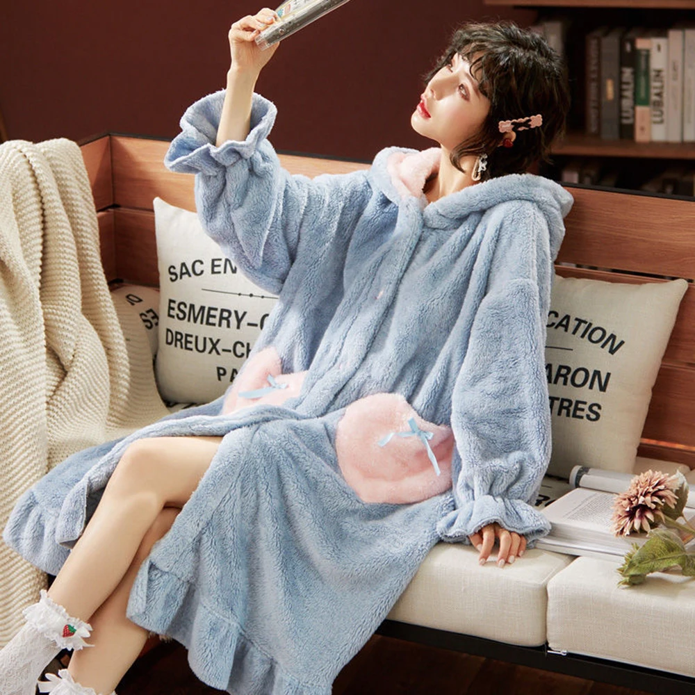Thicken Women's Pajamas Warm Sweet Princess Hooded Nightgown Winter Flannel Kawaii Home Clothes Cute Loose Fleece Night Dress