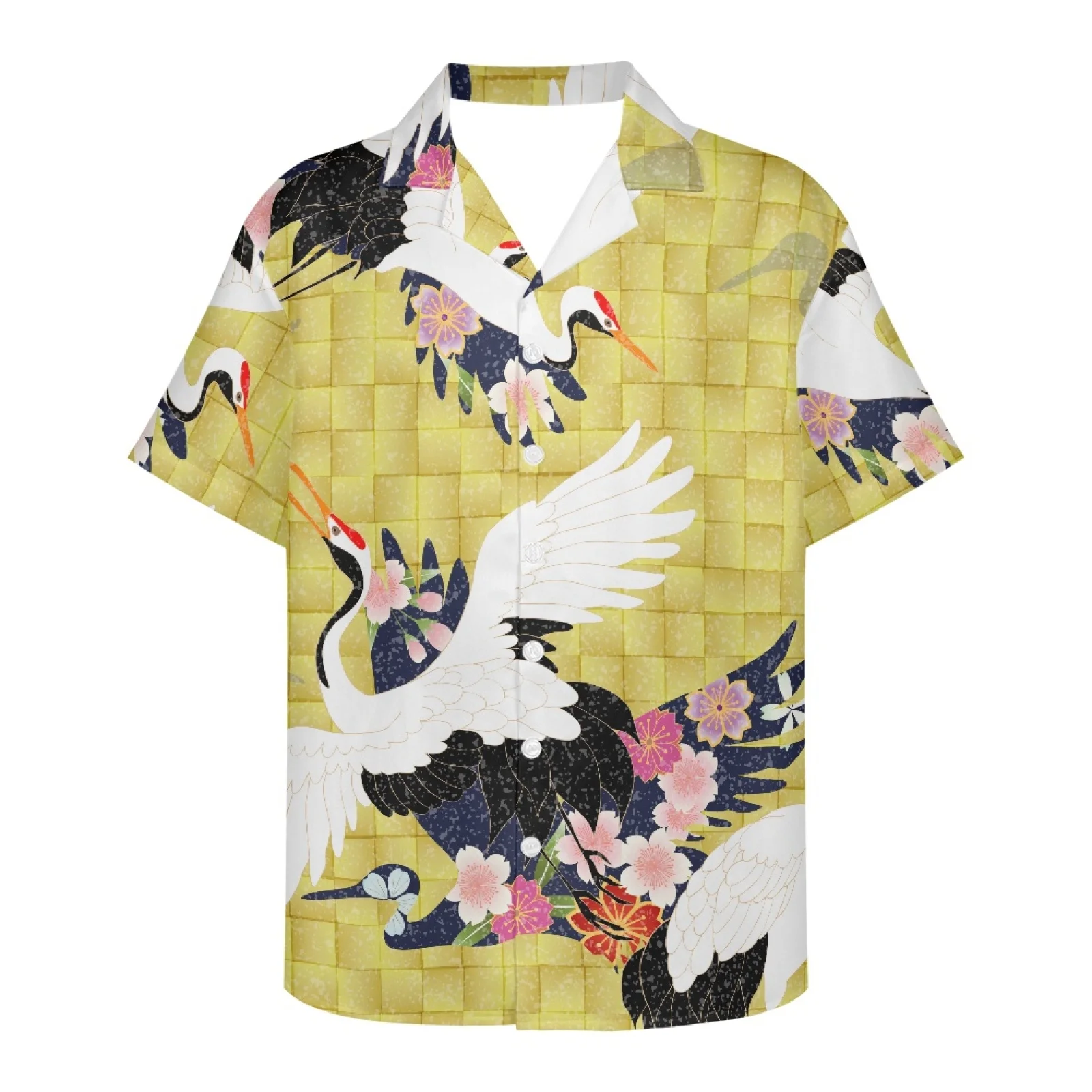 

Japanese Animation Style Clothes Cherry Blossom Shirt For Photographing Crane Hawaiian Shirt Short Sleeve Top Homme Beach Party
