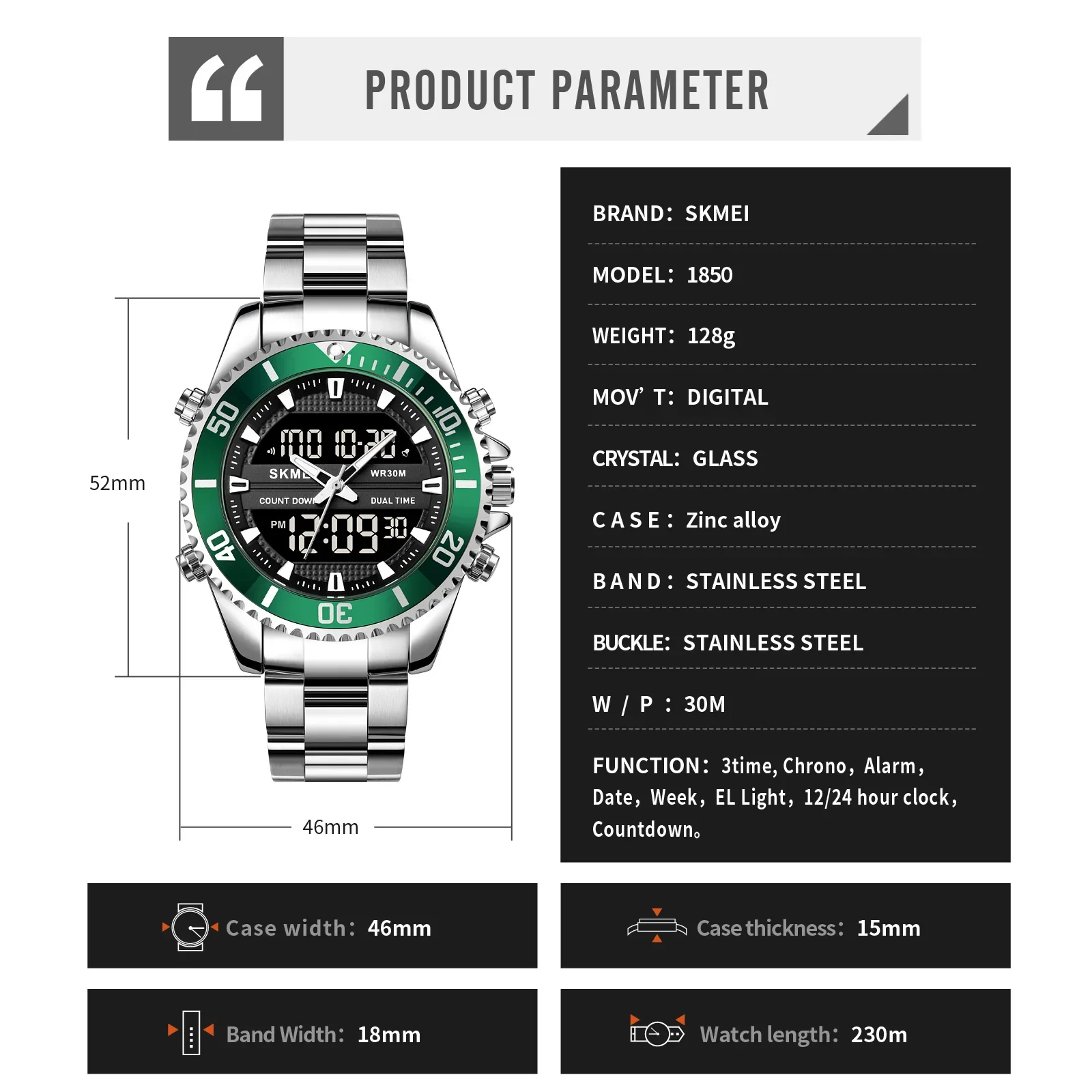 SKMEI 1850  Alarm Men Clock Waterproof Stainless Steel Relogio Masculino Dual Display Watches Mens Fashion Digital Wristwatches 6