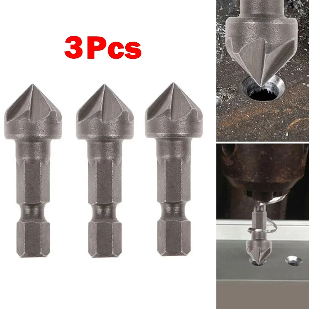 3pcs Countersink Drill Bit Set 1/4'' Hex Shank 5 Flute Chamfering Tool Woodworking Hole Opener Countersink Drill Chamfering Cutt