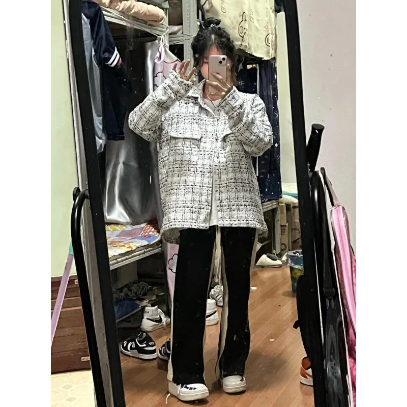 2023 New White Fragrant Coat for Women Spring Autumn Loose Hip Hop Street Design Feeling Small Retro Plaid Shirts Ins Fashion