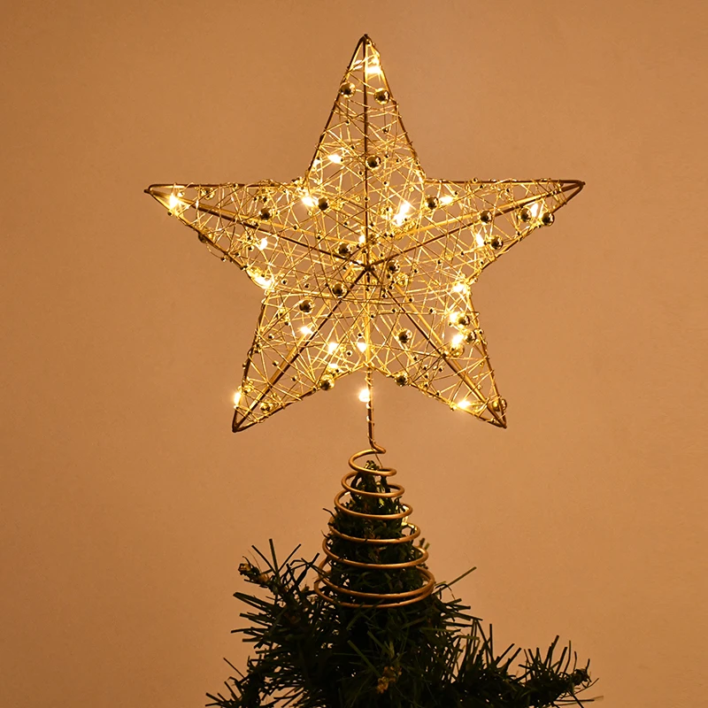 Gold Iron Star Christmas Tree Topper with LED Light Pearl Wire Xmas Tree Ornaments 2024 Natal Noel New Year Home Decoration 2025