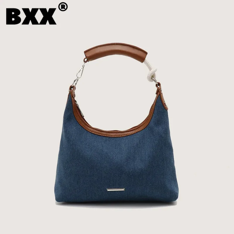 

[BXX] Denim Large Capacity Tote Bag For Women 2023 New Tide Fashion Chic Female Handbag Office Lady Zipper Underarm Bags 8CY1155