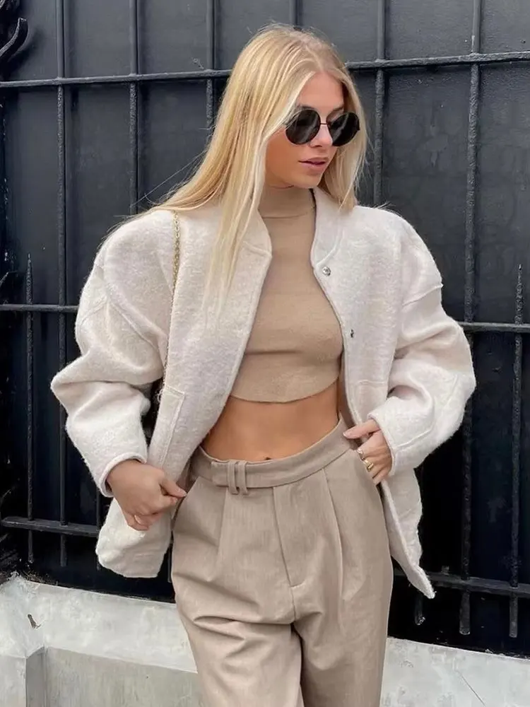 HH Women Elegant Solid Coat Button Long Sleeve Pocket Bomber Jacket Autumn Winter Female Casual Loose Streetwear Coats