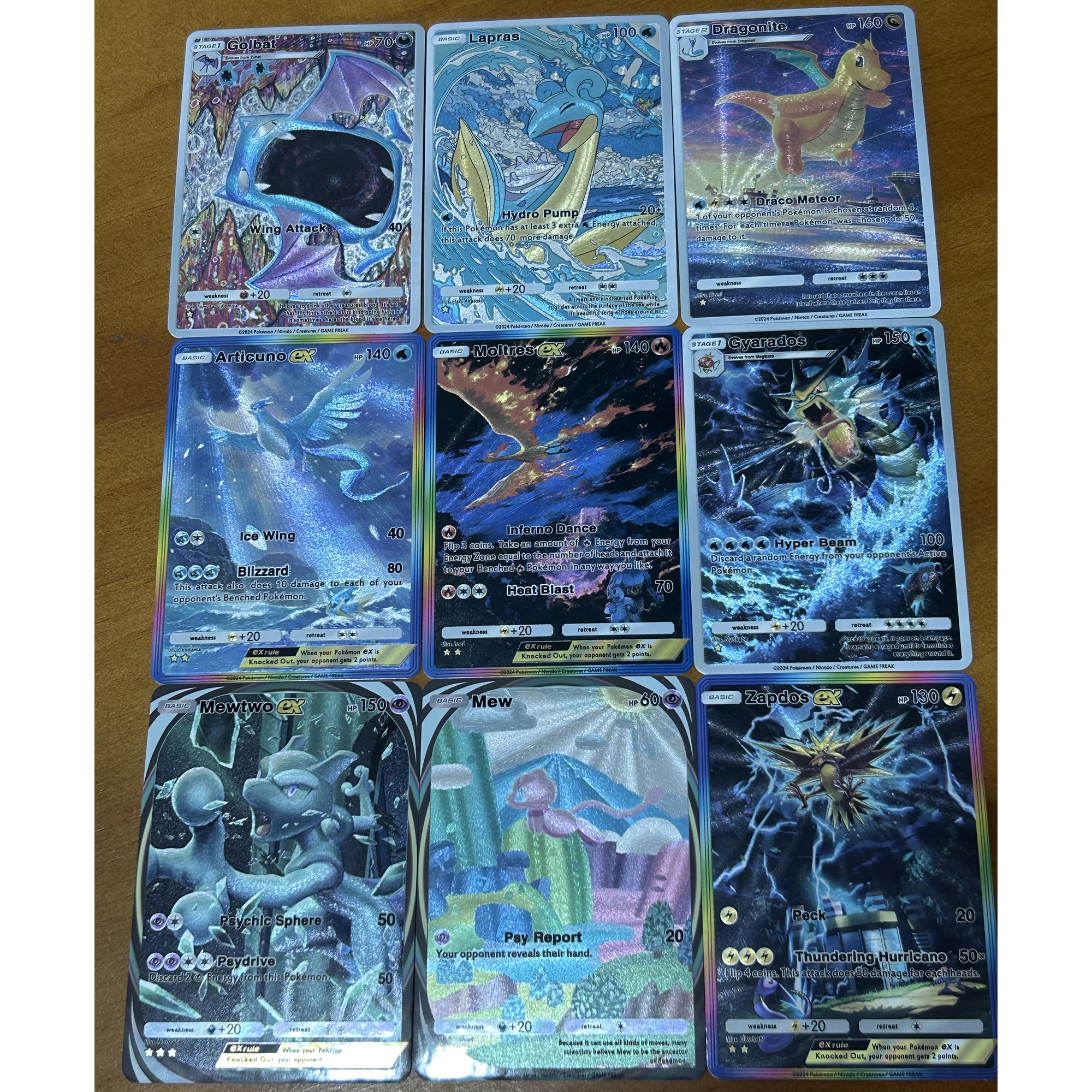 9Pcs/set Ptcg Mew Mewtwo Zapdos Gyarados Lapras English Version Texture Flash Card Classic Anime Game Collection Cards Gift Toy
