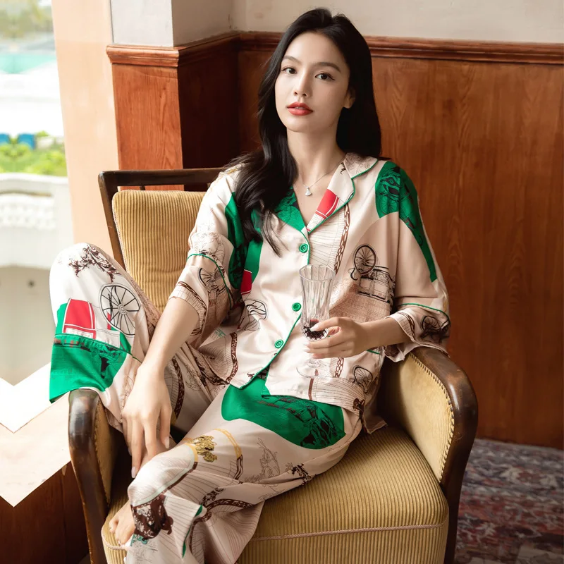 

2024 Spring Autumn Korean-style Ice Silk Pajamas Women's Thin Pajamas Long-Sleeved Suit Internet Celebrant Home Clothes