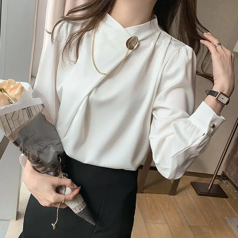 

Women Round Neck Spring Autumn New Fashion Commute Solid Color Ruched Chains Sheet Metal Long Sleeve Pullover Chiffon Shirt Tops