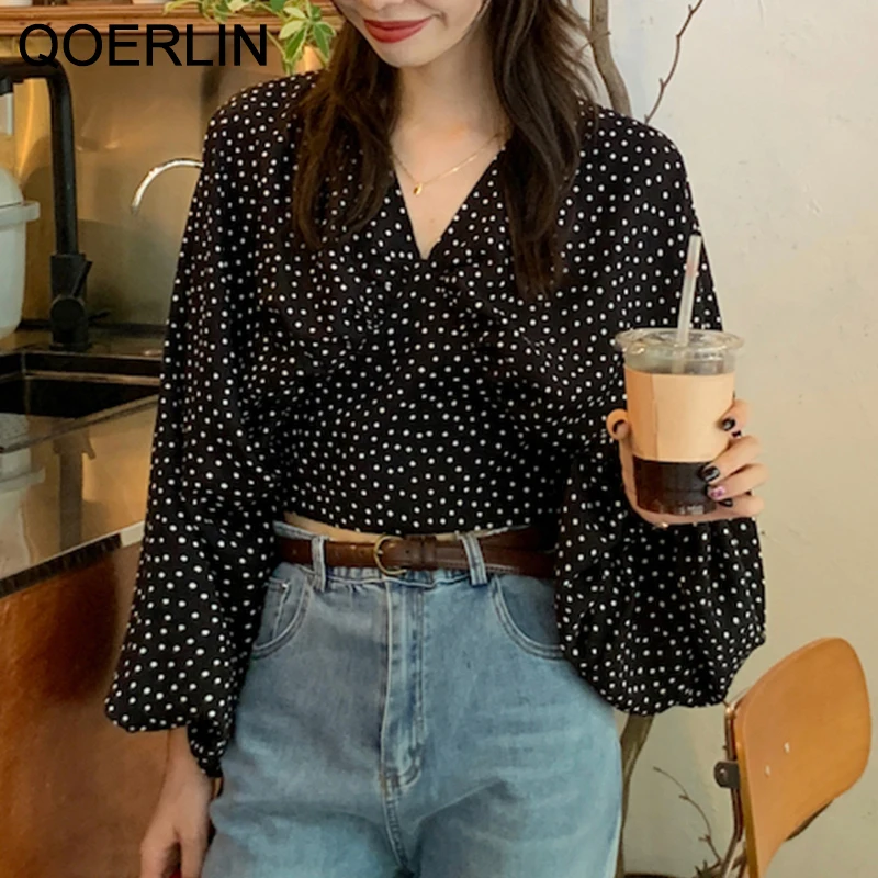 

QOERLIN V Neck Black Blouse Women Lace Up Shirts Long Sleeve Korean Fashion Lantern Sleeve Loose Casual White Crop Tops Shirts