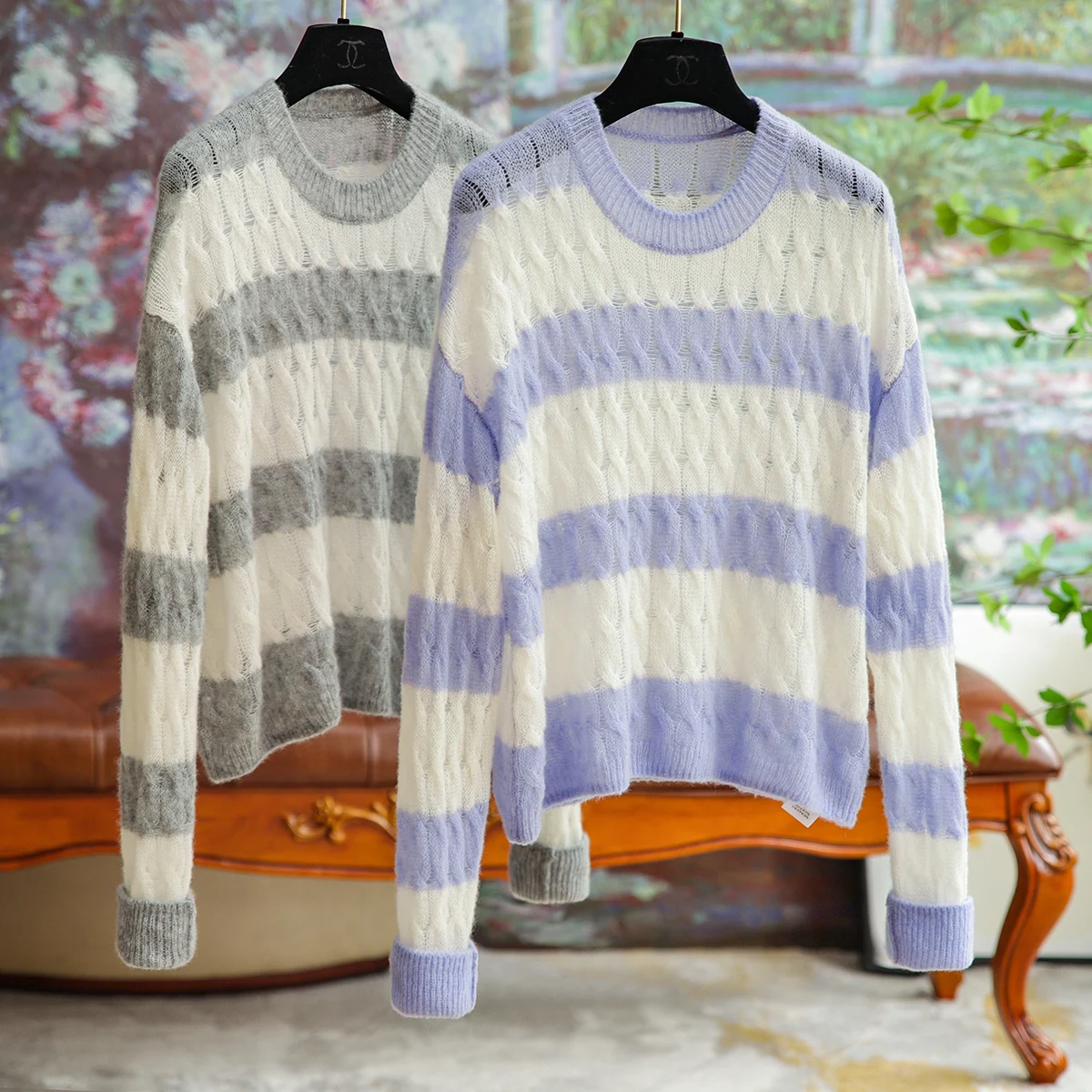 

Light Luxury Silk Sweater Cashmere Airy Hoodie Twisted Stripes Loose Fashion Sweater Female 2023 Fall New Simple Women Clothing