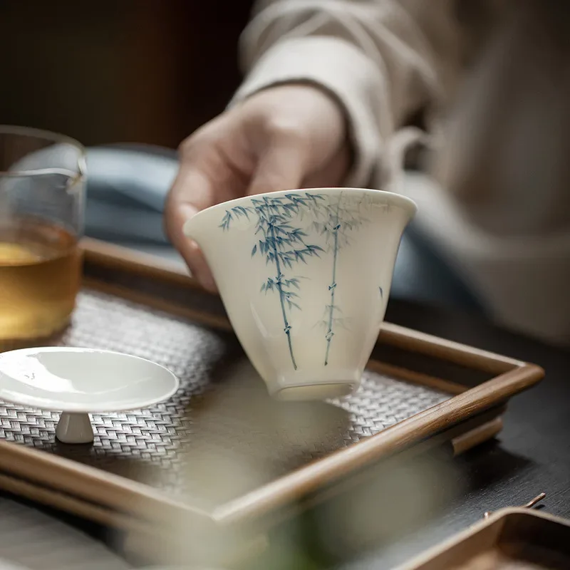 160ml Jade Clay White Porcelain Hand-painted Blue and White Bamboo Gaiwan Chinese Style Simple Tea Making Bowl