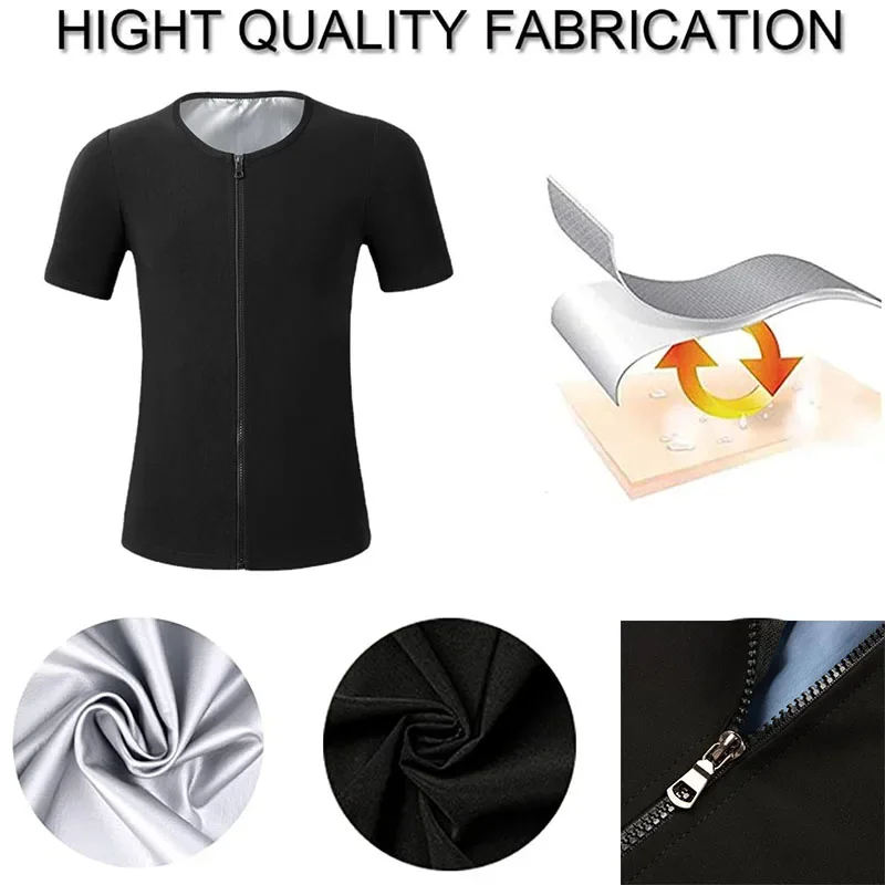 MrifDila Zipper Sauna Jacket Men's Short Sleeve 5 Times Sweat Corset Weight Loss Heat Trapping Suit Exercise Workout Body Shaper