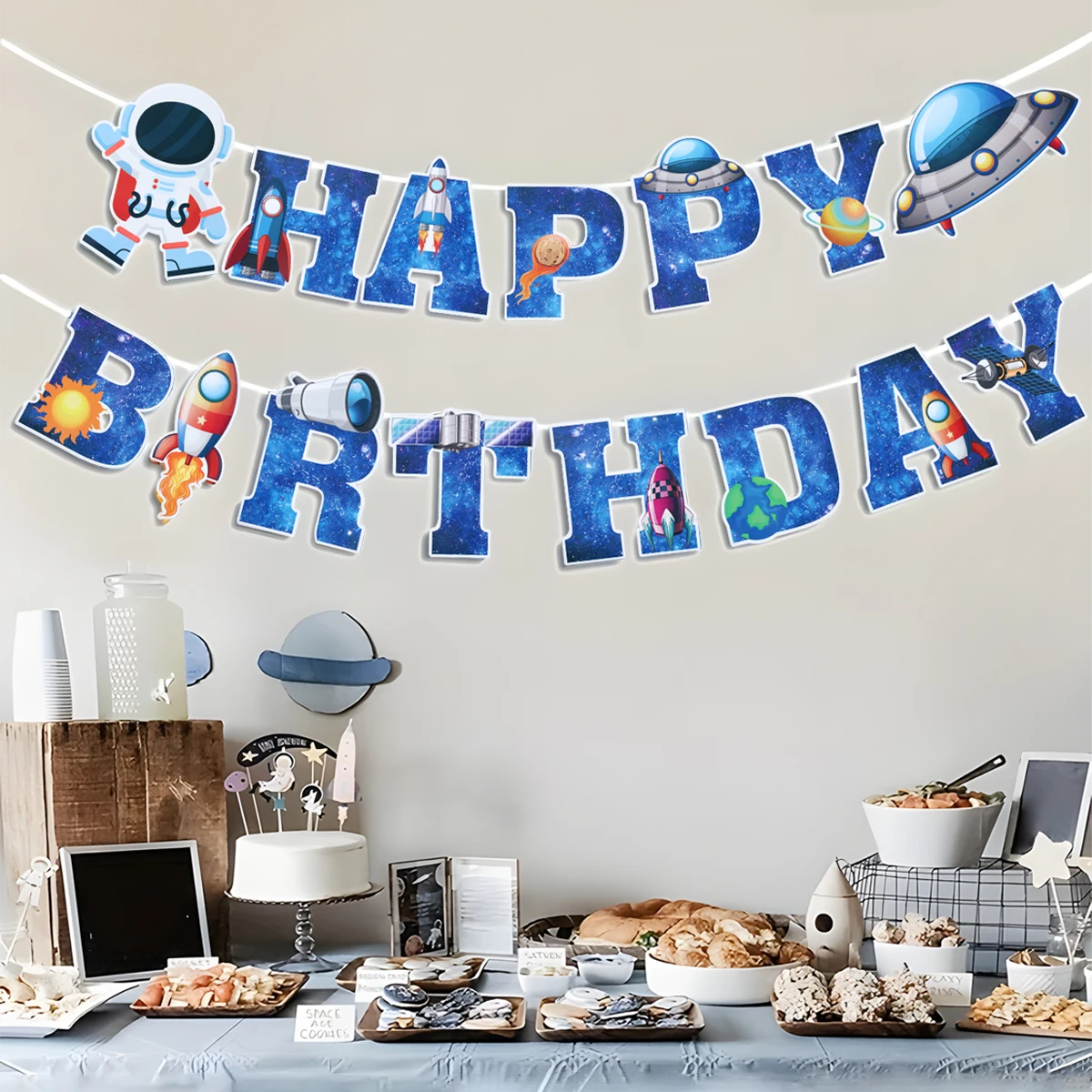 Astronaut Happy Birthday Banner - Space Theme Garland With Planets & Rockets, Kids Party Wall Decoration