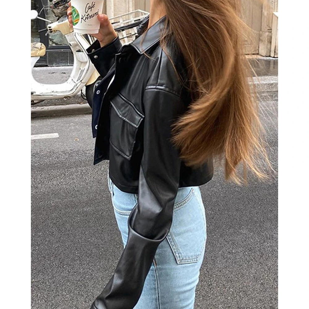 Fashion Women Pu Leather Jackets Streetwear Autumn Femme Casual Long Sleeve Turn-down Collar Cropped Coat Outfits y2k traf Cloth