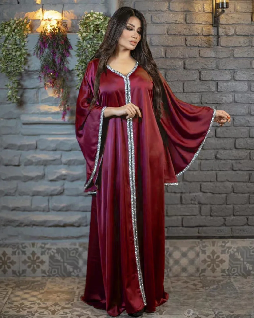 Ramadan Satin Abaya Islamic Long Dress Solid Diamonds Full Sleeve V-Neck Galabiyat Turkish Muslim Caftan for Women