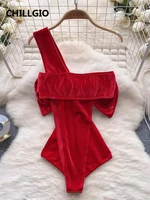 CHILLGIO Women Christmas Velour Strappy Rompers Fashion Bow Tight One Shoulder Catsuit Sexy Solid One Piece Combination Bodysuit - Image 2
