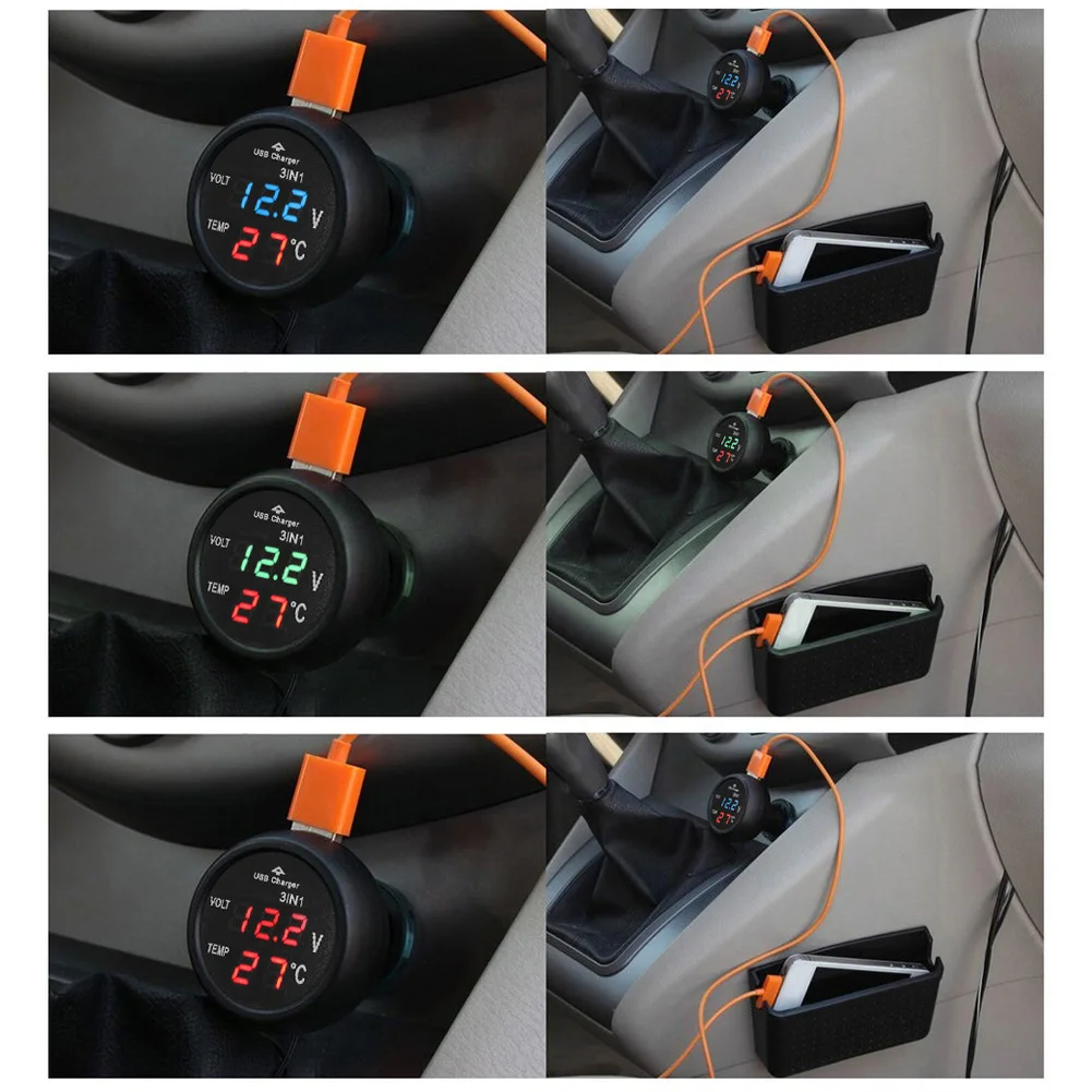 3 in 1 Digital LED car Voltmeter Thermometer Auto Car USB Charger 12V/24V  Temperature Meter Voltmeter Red Light and Green 