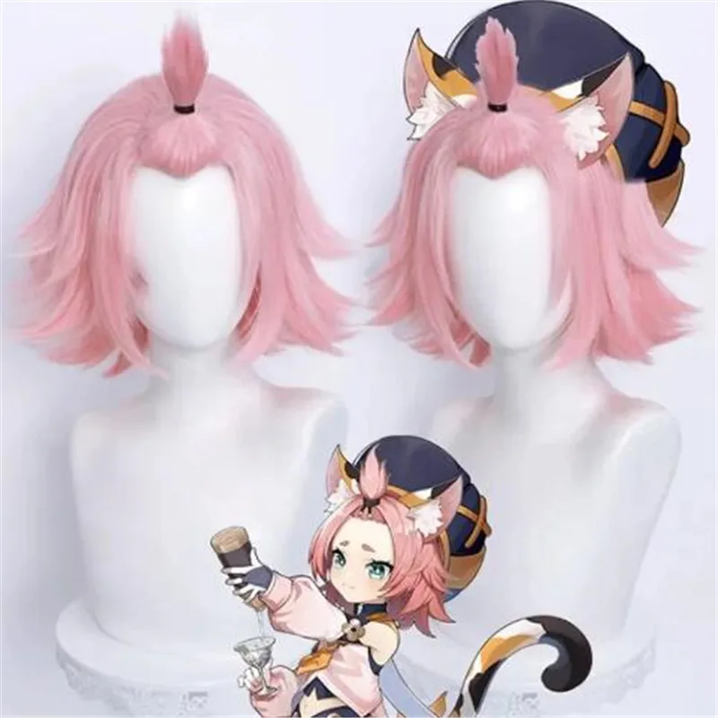 

Game Genshin Impact Diona Cosplay Wig 32cm Pink Short Hair Heat Resistant Synthetic Halloween Party Accessories Props + Wig Cap
