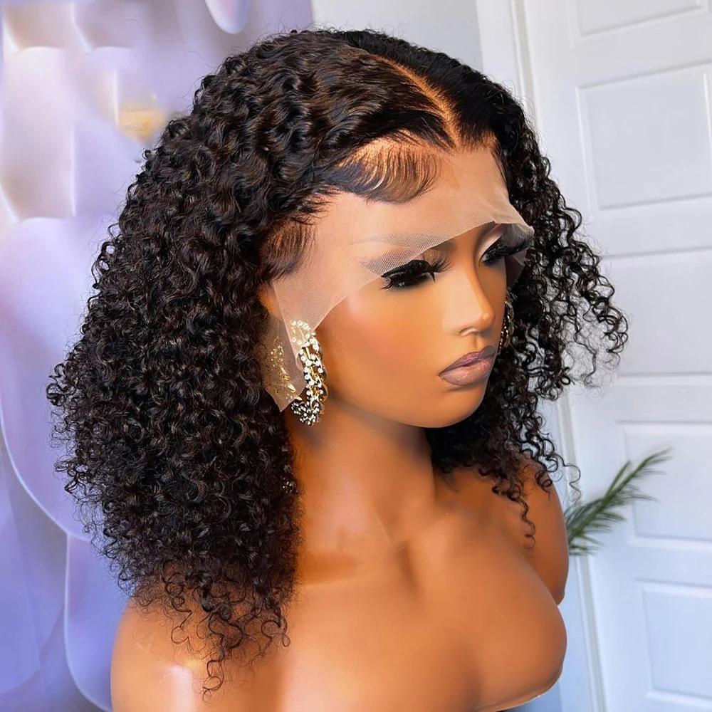 

Soft Preplucked Natural Black Short Bob Kinky Curly Long Lace Front Wig 180%Density For Black Women With BabyHair Glueless Daily
