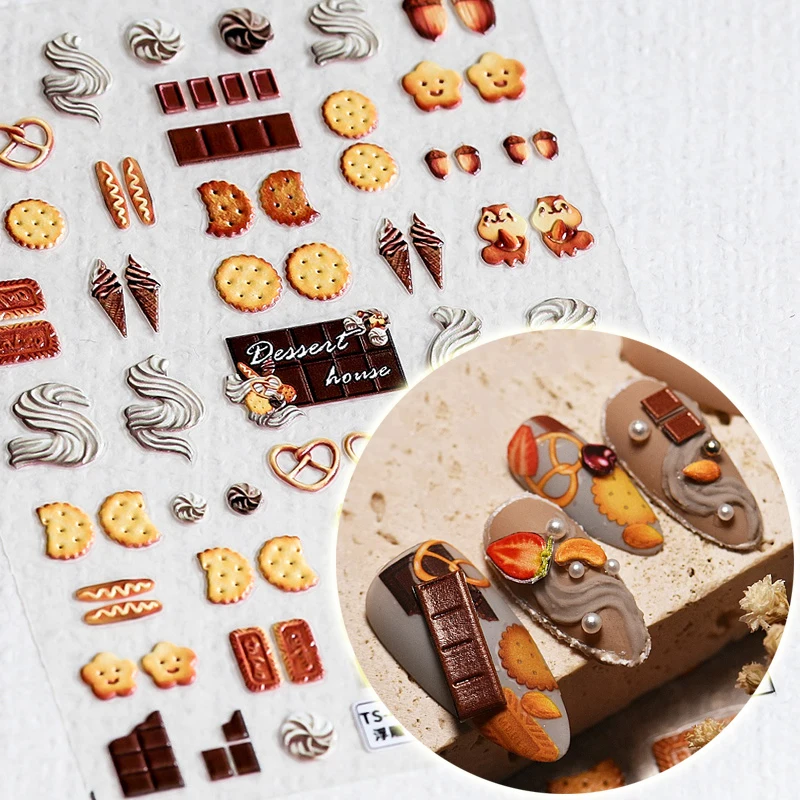5D Rilievi In Rilievo Morbidi Biscotti Al Cioccolato Gelato Dessert Nail Art Sticker Adesivi 3D Decorazioni Per Unghie Decalcomanie All'Ingrosso