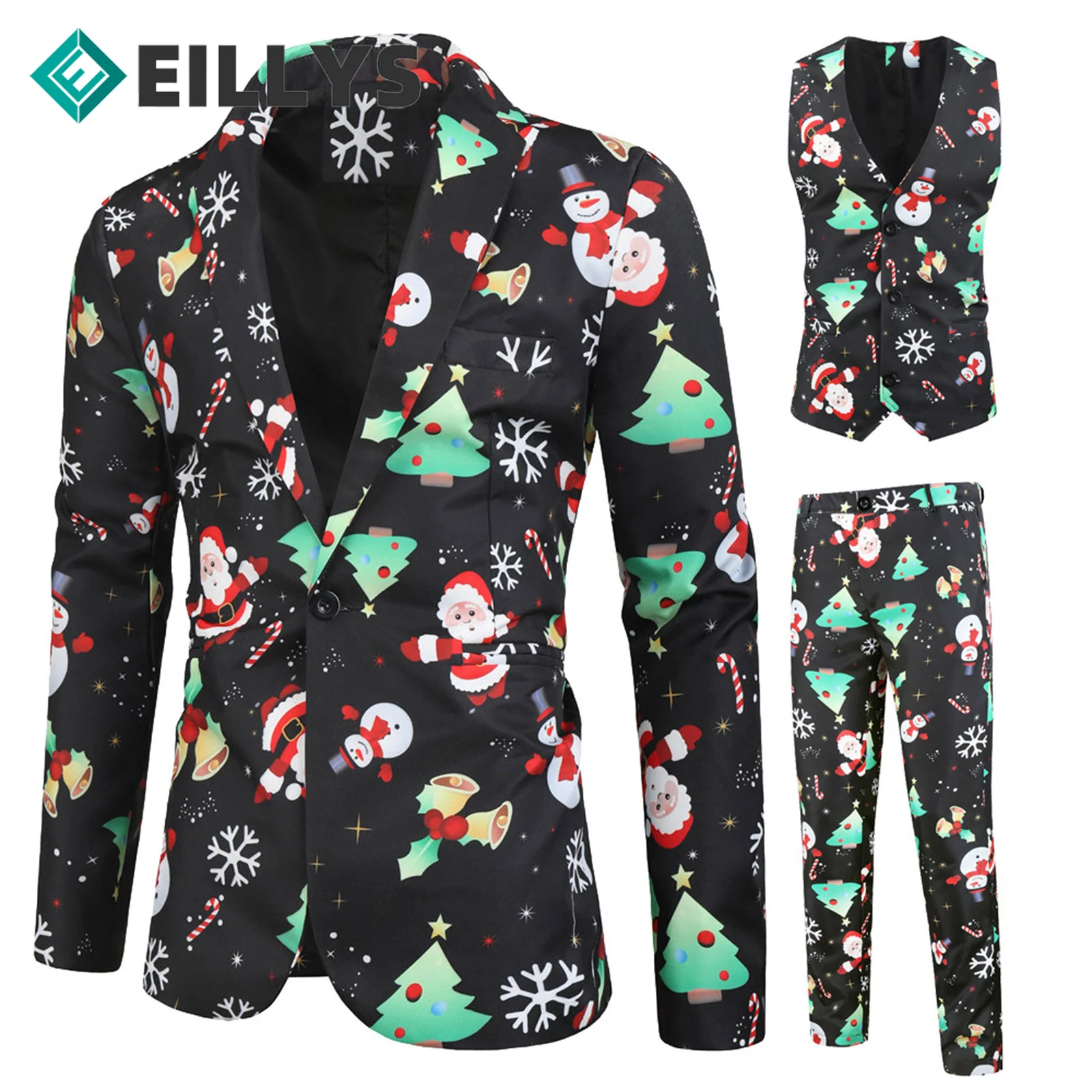 Male business Blazer suits Men Christmas Blazer Suit (Jacket+vest+Pant) 3pc black Printed male