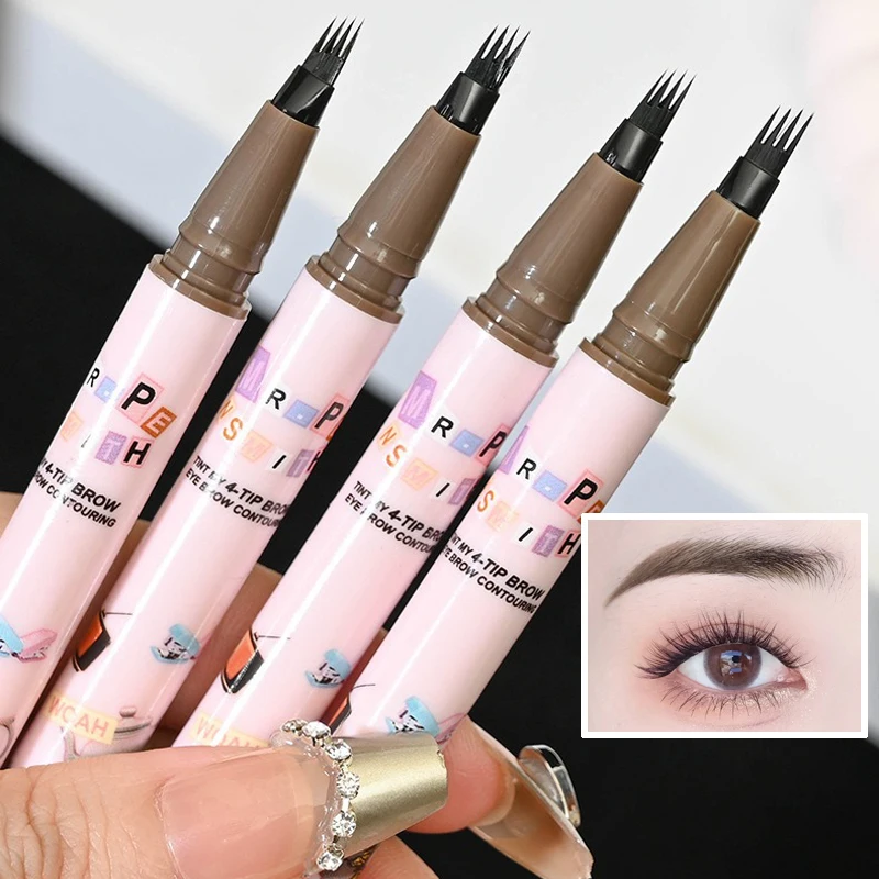 4 Colors Eyebrow Pen Waterproof 4 Fork Tip Eyebrow Tattoo Pencil Cosmetic Long Lasting Natural Dark Brown Liquid Eye Brow Pencil 4