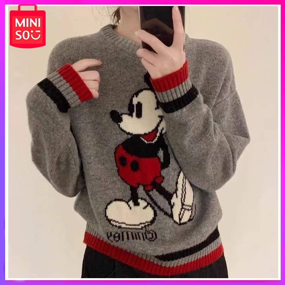 

2024 Miniso Disney Mickey Mouse New Winter Stylish Pullover Sweater Thickened Niche Design Sense Knit Top Kawaii Christmas Gifts