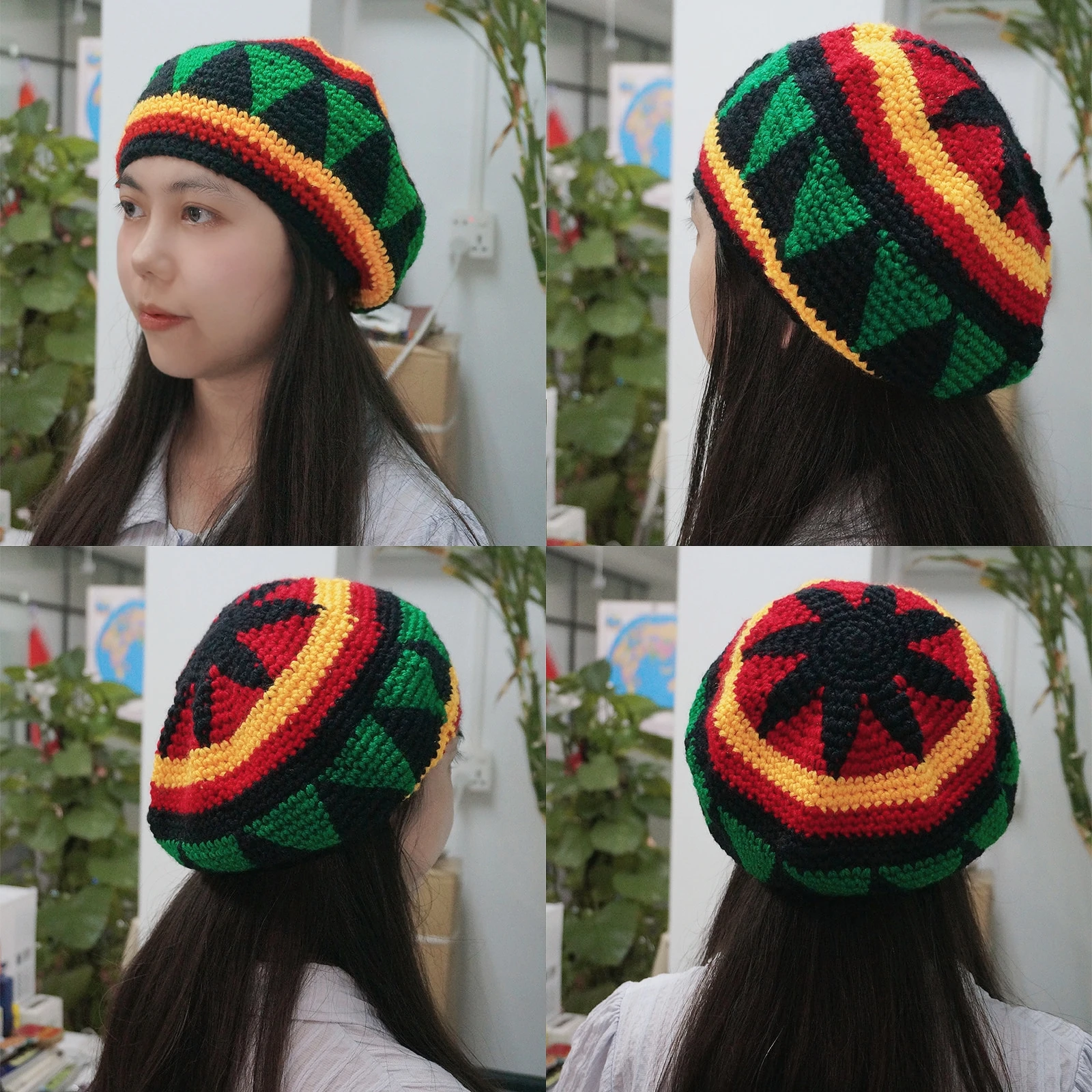 Wool Crochet Autumn Winter Warm Loose Casual Sunshade Jamaican Rasta Beanie Hat for Men Women Colorful 3