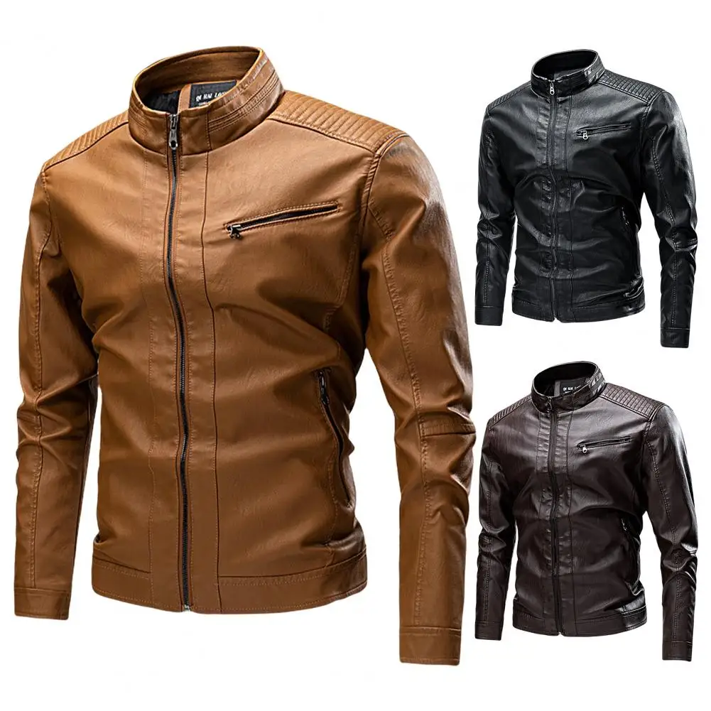 Men's Stand Collar Leather Jacket Motorcycle Lightweight Faux Leather Outwear Racing Jackets