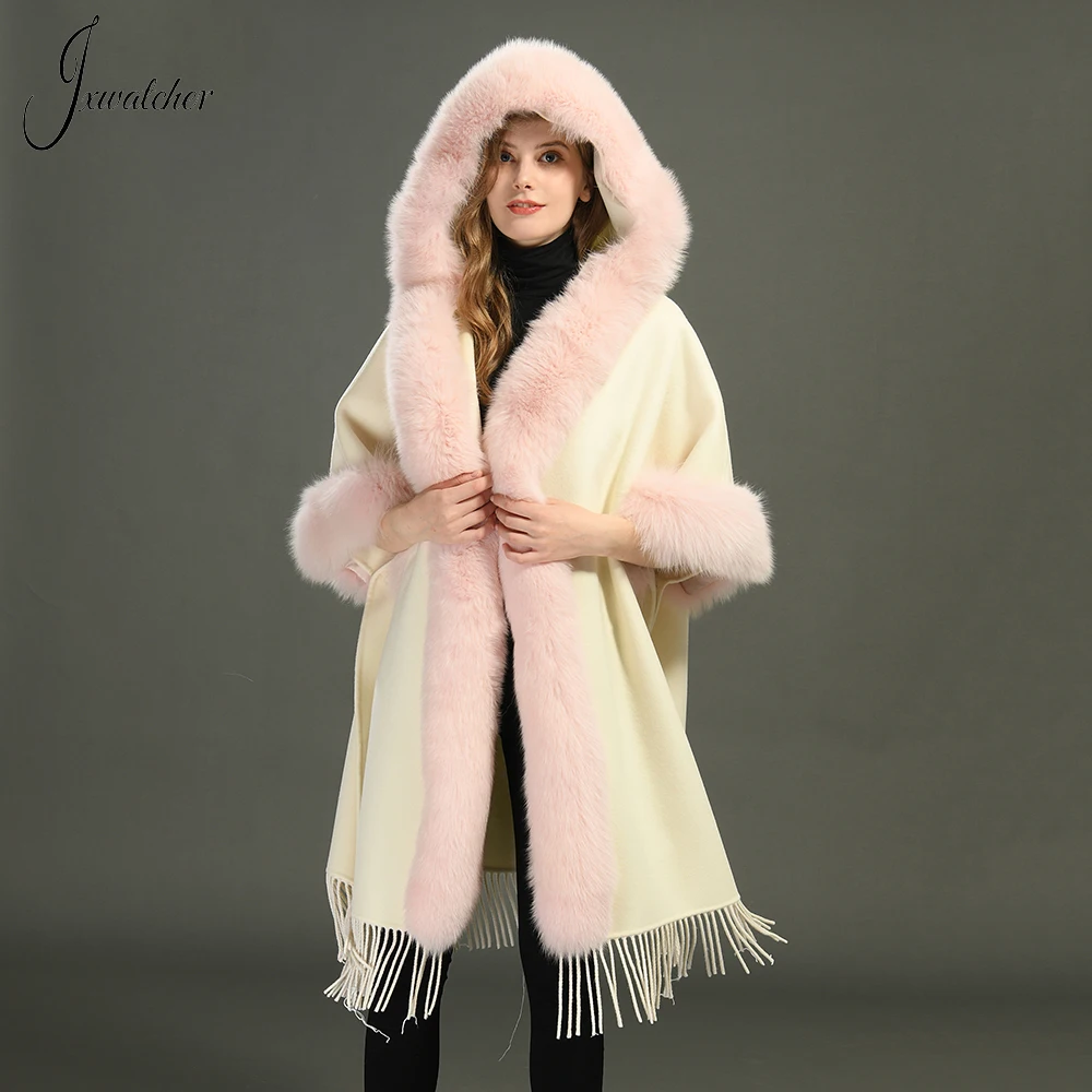 

Jxwatcher Wool Coats With Hood Luxury Real Fox Fur Trim Women's Cashmere Coat Ladies Autumn Winter Fashion Tassel Outerwear New