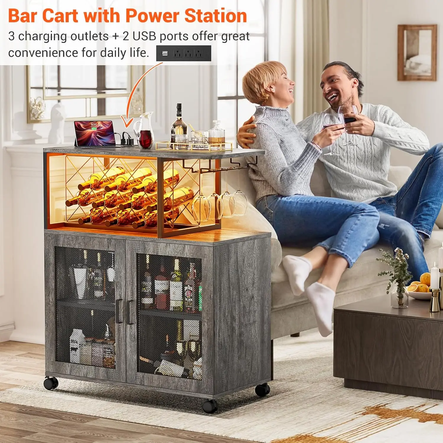 Small Bar Cart with Wheels, Liquor Cabinet with LED Light, Wine Bar Cabinet Power Outlets, Home Mini Wine Rack
