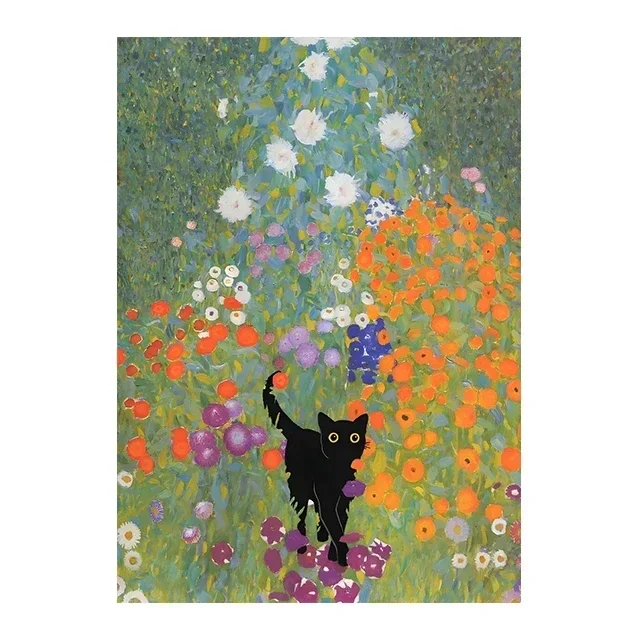 Whimsical Starry Night Cat Canvas Art - Colorful Abstract Floral Decor