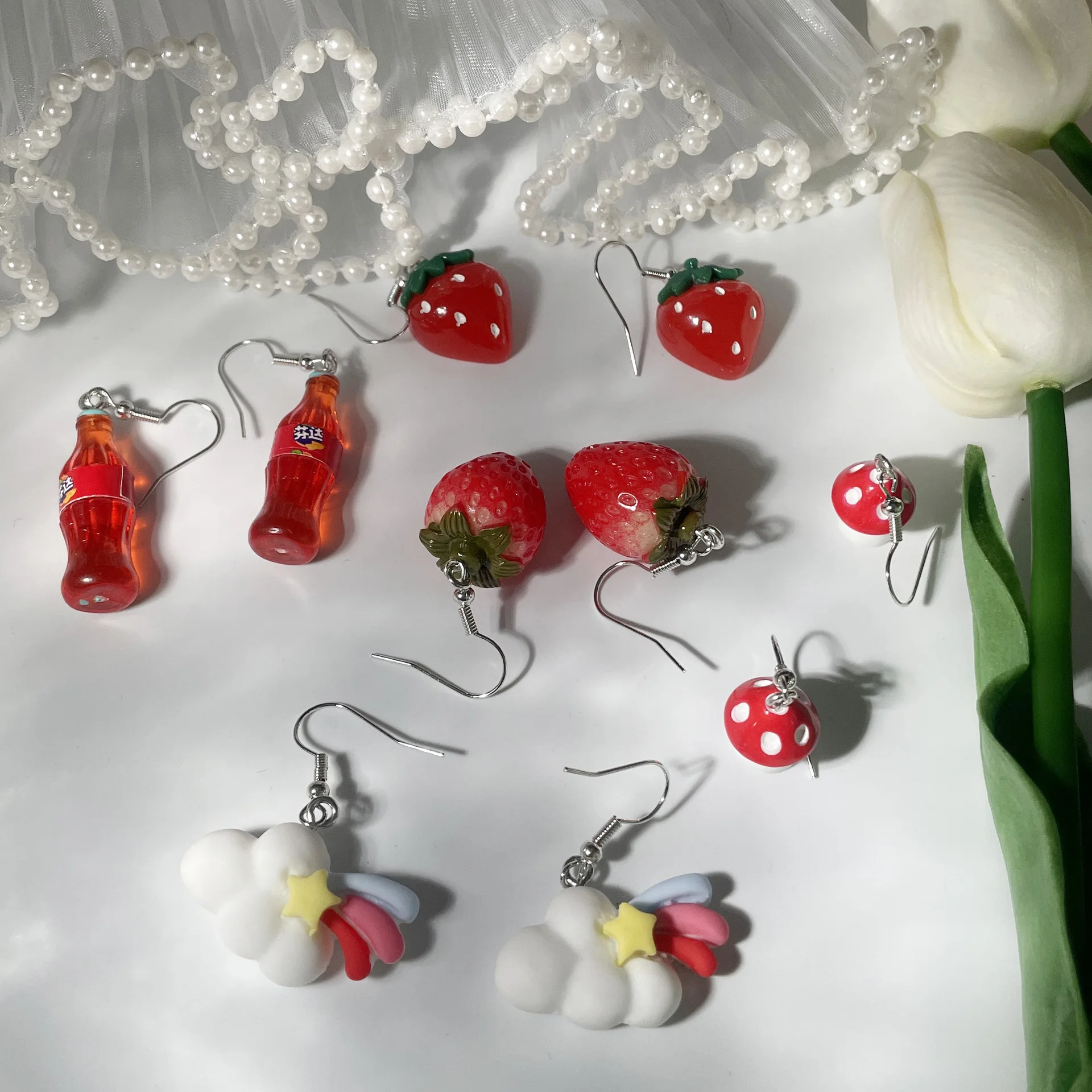 10Pcs Sweet Strawberry Fruit Drinks Drop Earring Set Cute Cartoon Food Ice Cream Donut Funny Resin Earrings Women Girls Jewelry