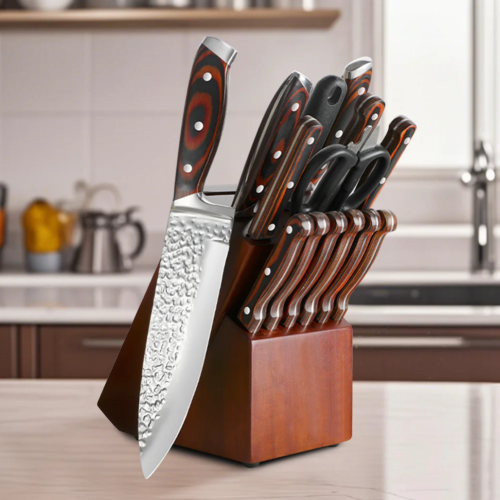 MDHAND gehämmerte 15-teilige Kochmesser 30Cr13 aus Edelstahl mit braunem Block zum Hacken von Gemüse, Obst, Haushaltsküchenmesser – Detail 2