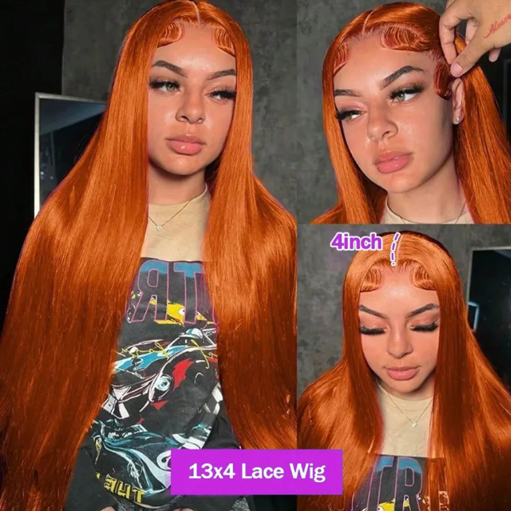 13x4 250% Density Ginger Orange Lace Front Wigs Human Hair 350 Straight HD Transparent Lace Frontal Wigs Human Hair Pre Plucked