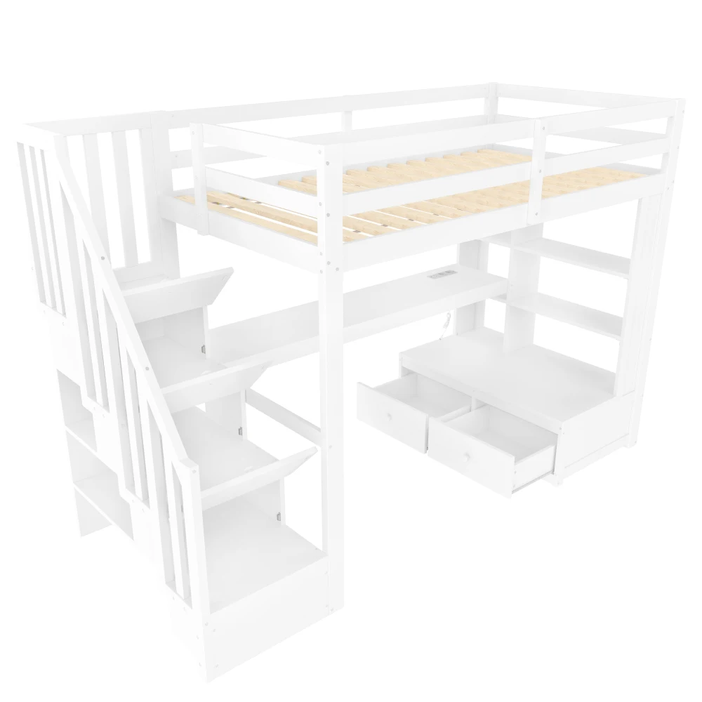 90x200cm modernes Hochbett, Kinderbett, Babybett mit Schreibtisch und Regalen, zwei integrierte Schubladen, Stauraumtreppe, Schlafzimmermöbel – Detail 14