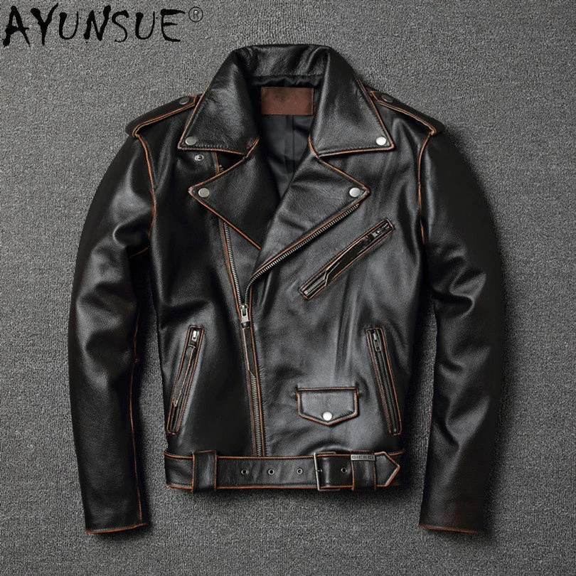

Real Cow Leather Coat Men Autumn Genuine Motorcycle Jacket Vintage Jackets and Coats Chaqueta Cuero SGG