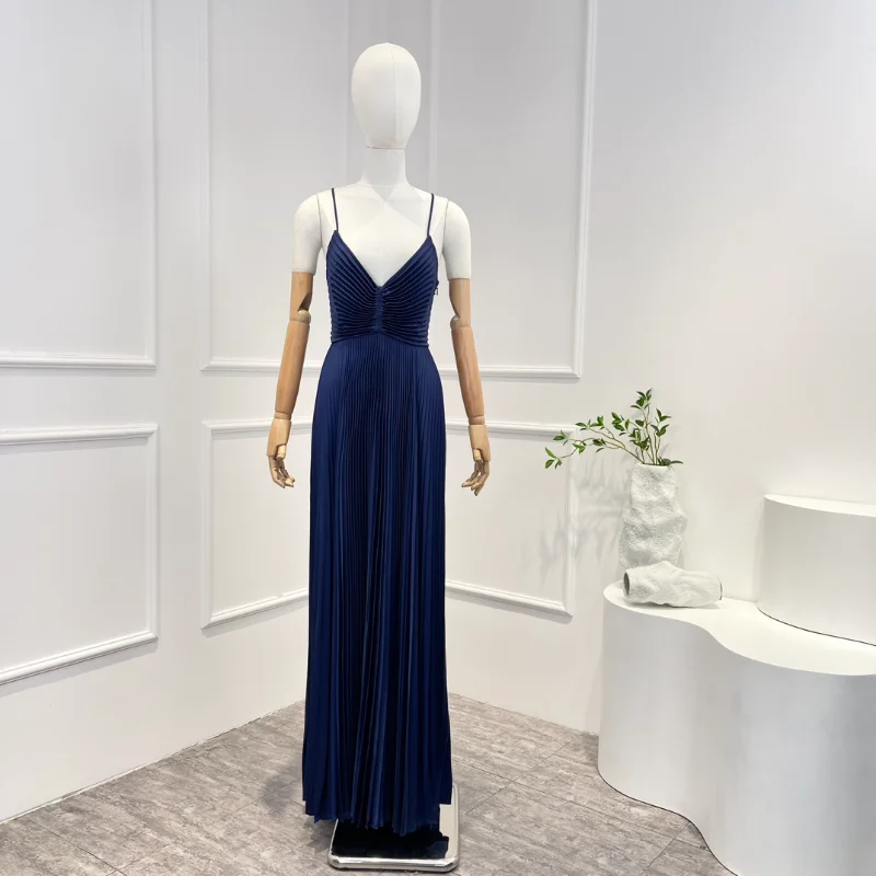 

2023 Summer Women Fashion High Quality Green Blue Elegant Beach Style Spaghetti Strap V-neck Mid-calf Dress