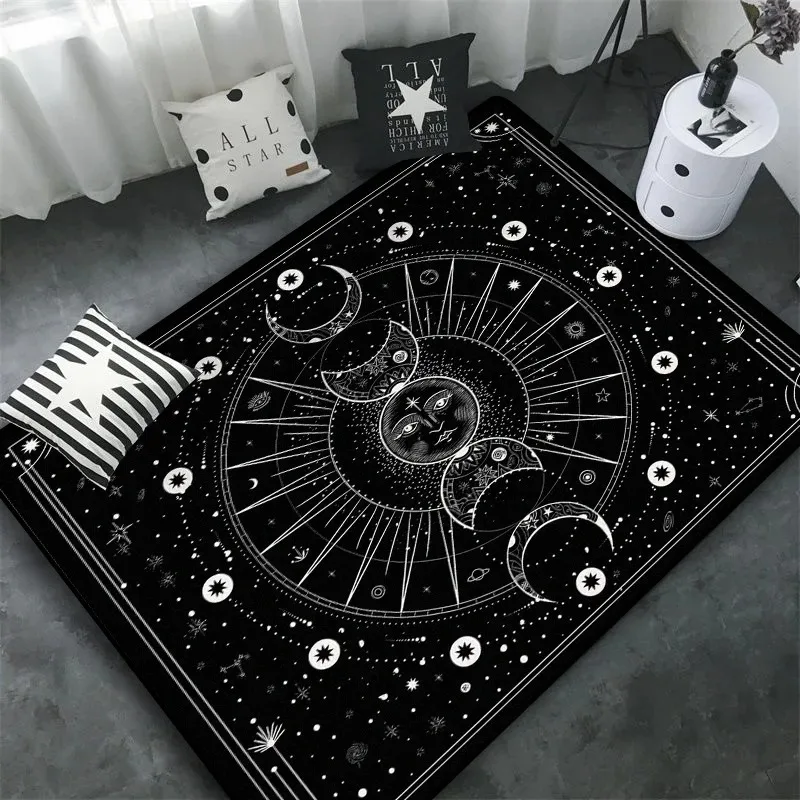 Lunar Cycle Witchy Area Rug Black Mystic Decor Pagan Floor Mat Multiple Sizes