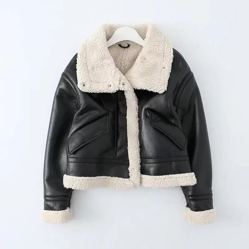 

2023 Women Jacket Fashion Thick Warm Faux Leather Coat Vintage Long Sleeve Flap Pocket Female Outerwear Chic Tops