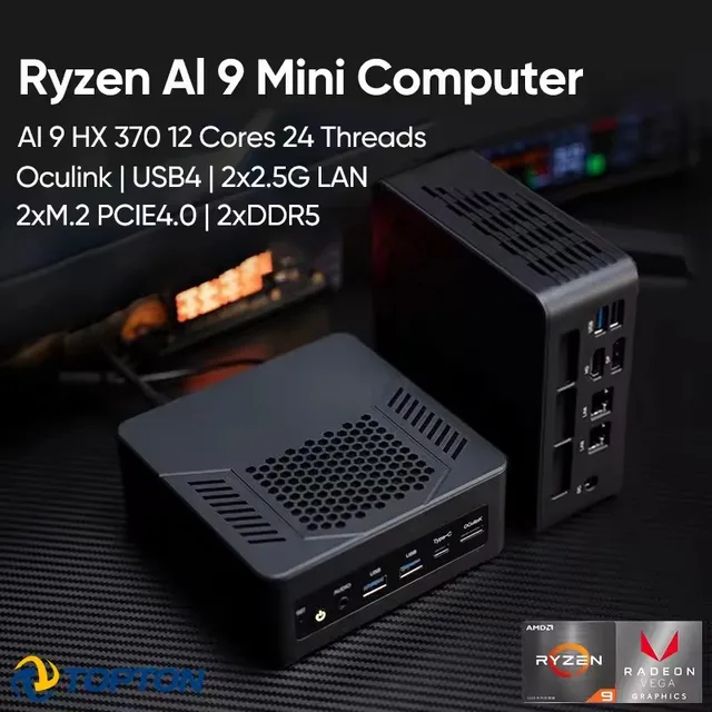 Topton Mini PC Gamer Oculink AMD Ryzen AI 9 HX 370 365 7 PRO 360 USB4 2x2.5G LAN 2xPCIe4 Computer da gioco desktop Windows11 WiFi6 1