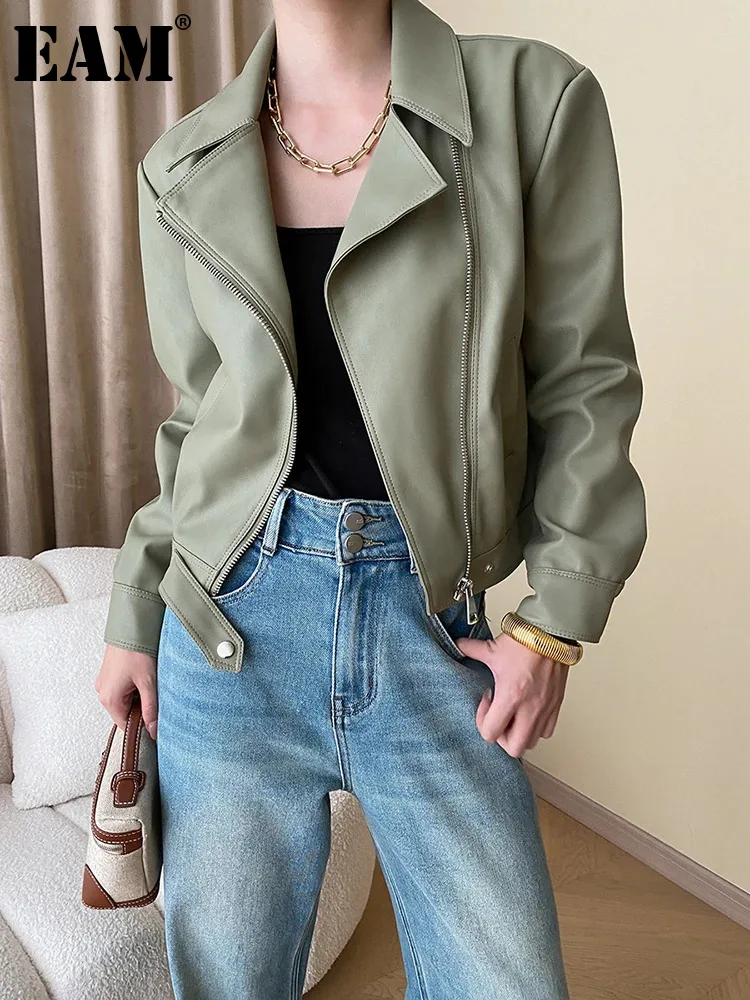 

[EAM] Loose Fit PU Leather Green Big Size Casual Jacket New Lapel Long Sleeve Women Coat Fashion Tide Spring Autumn 2024 1DH0282