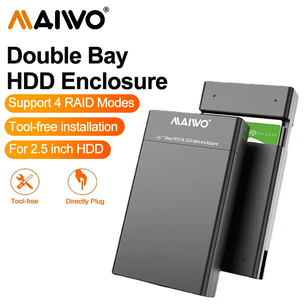 Maiwo-usb 3.0 Caixa de Gabinete de Disco Rígido de Baía Dupla 2.5 Sata Ssd Hdd Raid Modos Raid para pc Design de Slides sem Ferramentas Cas