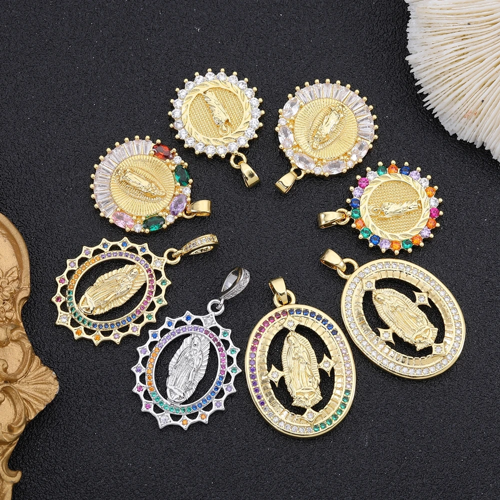 Juya 18K 리얼 골드 도금 포장 된 Cz 세인트 메리 버진 에나멜 수공예품 DIY 기독교 펜던트 부적 보석 만들기위한 매력
