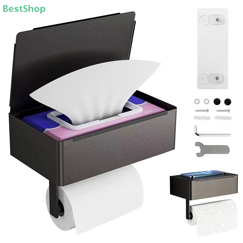 Wall Mounted Toilet Paper Holder With Shelf And Storage Box Multi-function Wipes Dispenser Fits For Bathroom Wipe Storage