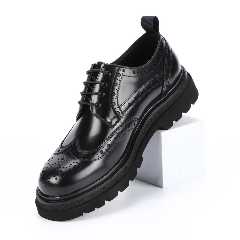 Brogue Carved Real Leather Shoes Men Genuine Leather Thick Soled Formal Business Casual Fashion Comfortable Wedding Dress Shoes