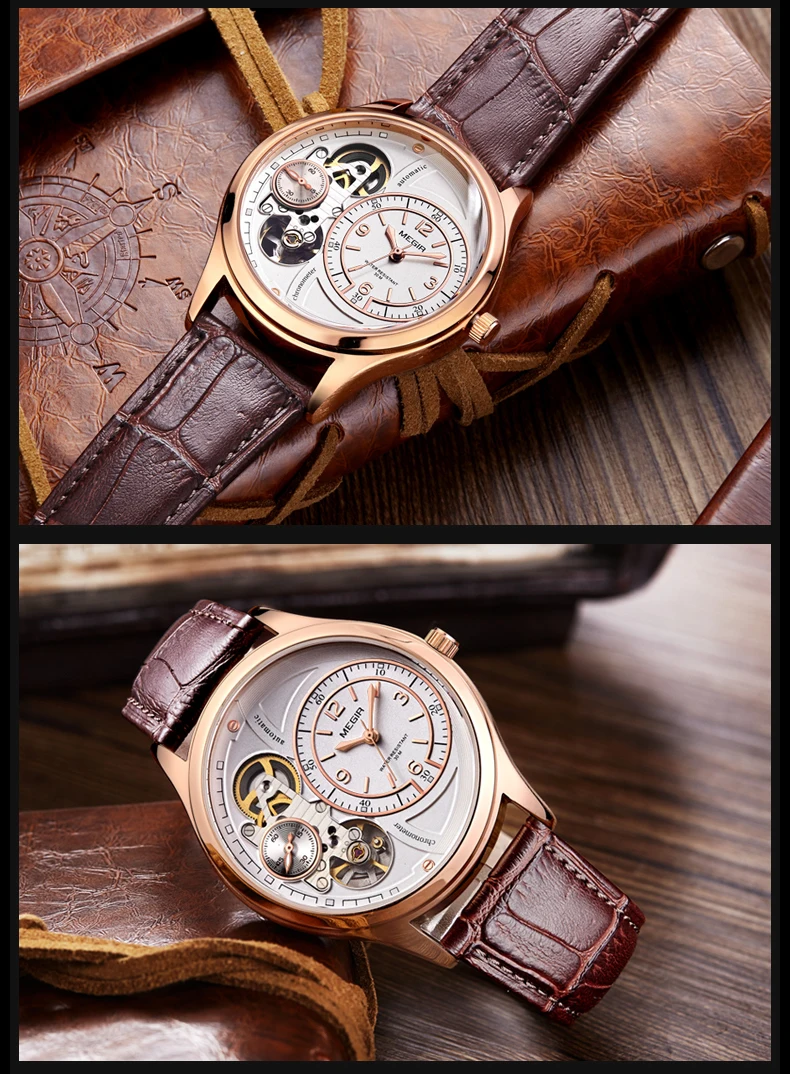 MEGIR Brand Tourbillon Design Men's Quartz Watch Multi-function Sports Leather Strap Waterproof Men Watches Reloj Hombre Clock