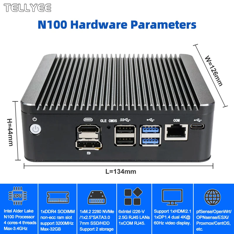 Intel N100 Soft Router 6 Lans i226-V 2.5G Fanless Mini PC COM HD DP USB Type-C pfSense Firewall Appliance OPNsense ESXi Computer 2